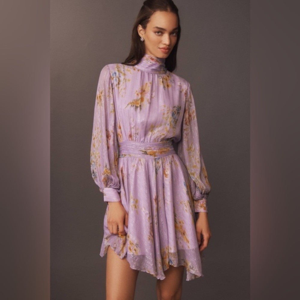 Bhldn Anthro lilac metallic Floral High-Neck chiffon lior  Dress large
